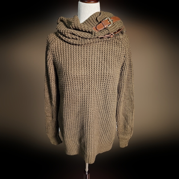 Michael Kors Women's Tan Brown Sweater with Knit Buckle Scarf. Convertable Sz Sm - Picture 1 of 14